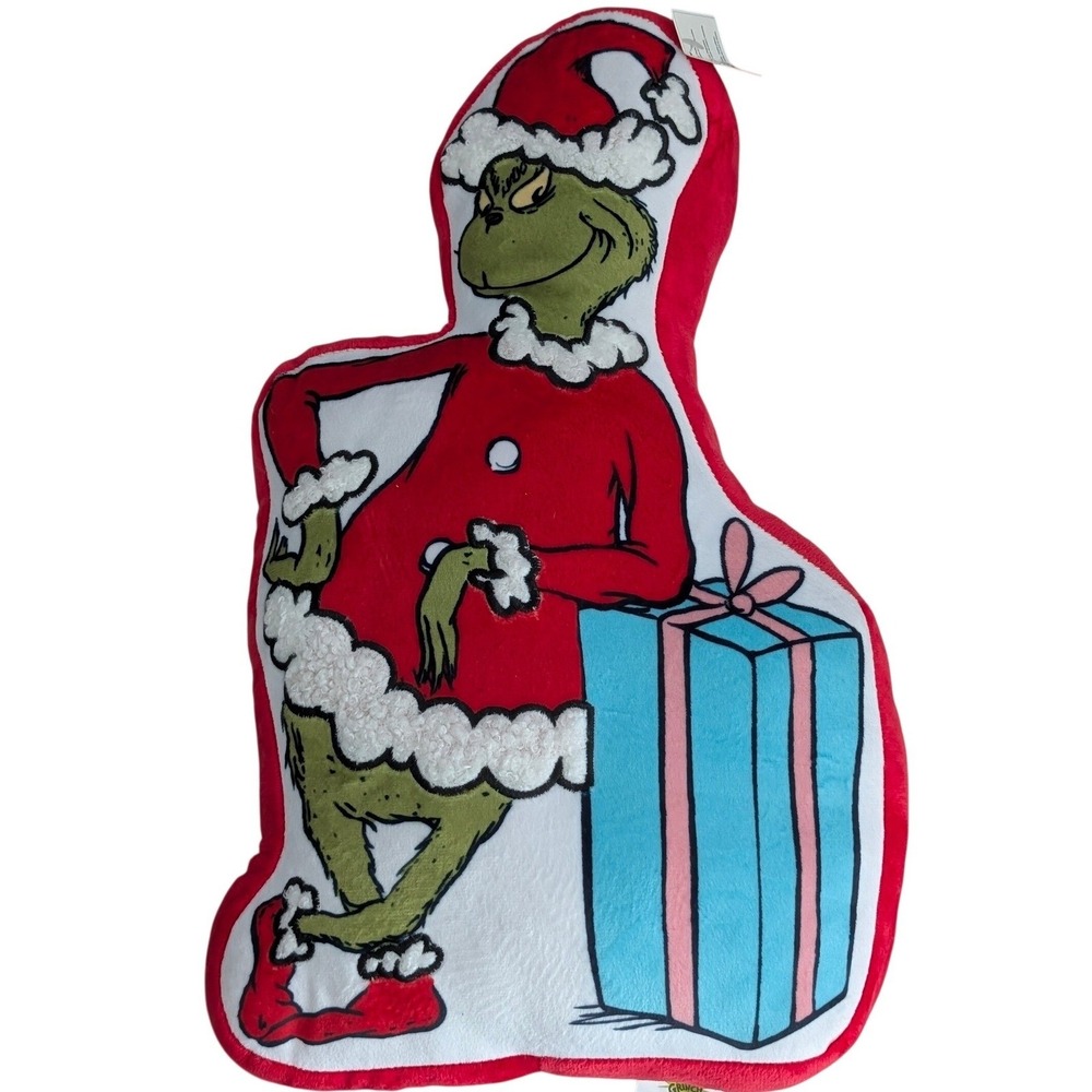 Dr Seuss The Grinch Christmas Shaped Plush Decorative Pillow Red Santa Suit NEW